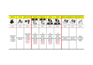 SMV-04 RS-07 SMV-04-KIT1 14ASC-SI 38ASC-SI 14ASC 38ASC SQ495-38-BK SQ495-14-BK SQ495-38-SI
20.0 15.0 35.0 65.0 65.0 65.0 65.0 90.0 90.0 90.0
suspension
manifold
valve
5*1/4 NPT
1*1/8 NPT
remote set for
SMV-04
suspension
manifold
valve
5*1/4 NPT
1*1/8 NPT
WITH
REMOTE
SET
air
suspension
pump
DC 12V
MAXPOWER
200 PSI
OUTLET
1/4NPT
SILVER
air
suspension
pump
DC 12V
MAXPOWER
200 PSI
OUTLET
3/8NPT
SILVER
air
suspension
pump
DC 12V
MAXPOWER
200 PSI
OUTLET
1/4NPT
BLACK
air
suspension
pump
DC 12V
MAXPOWER
200 PSI
OUTLET
3/8NPT
BLACK
3/8npt BLACK
静音款
UNDER 69DB
1/4npt BLACK
静音款
UNDER 69DB
3/8npt
SILVER静音
款UNDER
69DB
 