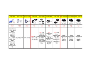 EGR-13-SI EGR-14-SI EGR-14-BK EGR-01BP EGR-07BP EGR-10BP EGR-11BP WTC-26MM-BK WTC-28MM-BK WTC-30MM-BK
15.0 13.0 13.0 1.5 1.5 1.5 1.5 1.2 1.2 1.2
Application:Fo
r 2005 - 2006
VW /
Volkswagon
Jetta MK5 (
BRM BLS )
1.9L Turbo
Diesel TDIFor
2005 - 2006
VW /
Volkswagon
Golf ( BRM
BLS ) 1.9L
Turbo Diesel
TDI
BMW SILVER BMW BLACK
ONLY PLATE
VW 1.9 TDI
100/130/160
only EGR
DELETE
BLANKING
BYPASS FOR
BMW E46
318d 320d
330d 330xd
320cd 318td
320td
only
REMOVAL
Valve
Replacement
Pipe For
Jaguar X-type
For Ford
Mondeo 2.0
2.2 TDCi
Bypass
only EGR
Valve
blanking plate
For LAND
ROVER
DISCOVERY
2 &
DEFENDER
TD5
26MM
Temperature
Sensor
Adapter
BLACK
28MM
Temperature
Sensor
Adapter
BLACK
30MM
Temperature
Sensor
Adapter
BLACK
 