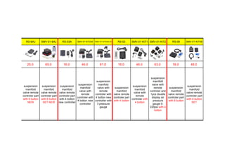 RS-6AJ SMV-01-6AJ RS-03A SMV-01-KIT03A SMV-01-KIT03A-03 RS-03 SMV-01-KIT1 SMV-01-KIT2 RS-08 SMV-01-KIT08
25.0 65.0 16.0 46.0 81.0 16.0 46.0 63.0 18.0 48.0
suspension
manifold
valve remote
controler part
with 6 button
NEW
suspension
manifold
valve remote
controler part
with 6 button
SET NEW
suspension
manifold
valve remote
controler part
with 4 botton
new controller
suspension
manifold
valve with
remote
controler with
4 botton new
controller
suspension
manifold
valve with
remote
controler with
4 botton new
controller with
3 pressure
gauge
suspension
manifold
valve remote
controler part
with 4 botton
suspension
manifold
valve with
remote
controler with
4 botton
suspension
manifold
valve with
remote
controler and
1pcs double
display air
pressure
gauge 0-
220psi with 4
botton
suspension
manifold
valve remote
controler part
with 6 button
suspension
manifold
valve remote
controler part
with 6 button
SET
 
