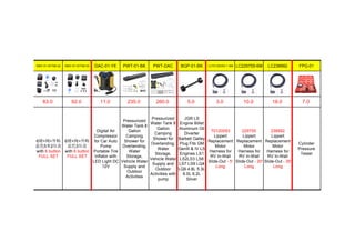 SMV-01-KIT08-02 SMV-01-KIT08-03 DAC-01-YE PWT-01-BK PWT-DAC BGP-01-BK LC70120053-1.5M LC229755-6M LC238992 FPG-01
83.0 92.0 11.0 235.0 260.0 5.0 3.0 10.0 18.0 7.0
6键+阀+外购
蓝色5米2压表
with 6 button
FULL SET
6键+阀+外购
蓝色3压表
with 6 button
FULL SET
Digital Air
Compressor
for Car Auto
Pump
Portable Tire
Inflator with
LED Light DC
12V
Pressurized
Water Tank 8
Gallon
Camping
Shower for
Overlanding,
Water
Storage,
Vehicle Water
Supply and
Outdoor
Activities
Pressurized
Water Tank 8
Gallon
Camping
Shower for
Overlanding,
Water
Storage,
Vehicle Water
Supply and
Outdoor
Activities with
pump
JGR LS
Engine Billet
Aluminum Oil
Diverter
Barbell Galley
Plug Fits GM
GenIll & IV LS
Engines LS1
LS2LS3 LS6
LS7 LS9 LQ4
LQ9 4.8L 5.3L
6.0L 6.2L
Silver
70120053
Lippert
Replacement
Motor
Harness for
RV In-Wall
Slide-Out - 5'
Long
229755
Lippert
Replacement
Motor
Harness for
RV In-Wall
Slide-Out - 20'
Long
238992
Lippert
Replacement
Motor
Harness for
RV In-Wall
Slide-Out - 35'
Long
Cylinder
Pressure
Tester
 