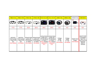 TBM-01-BL TBM-01-RD ETM-01-BL ETM-01-RD ETM-01-BL-WP ETM-01-RD-WP VMM-01-BL VMM-01-RD DCM-01-BL 390100-02
17.5 17.5 22.0 22.0 24.0 24.0 4.5 4.5 6.0 6.5
electronic
boost guage
(-14psi to 40
psi)
blue display
electronic
boost guage
(-14psi to 40
psi)
red display
exhaust temp
guage with
1/8 npt fitting
(0-1000C)
blue display
exhaust temp
guage with
1/8 npt fitting
(0-1000C)
red display
exhaust temp
guage with
1/8 npt fitting
(0-1000C)
BLUE display
waterproof
防水
exhaust temp
guage with
1/8 npt fitting
(0-1000C)
RED display
waterproof
防水
Voltage
guage
9～16V
blue display
Voltage
guage
9～16V
red display
Digital Clock
guage
blue display
340LPH E85
Compatible
High Flow
Fuel Pump Kit
Replaces
255LPH
GSS342
 