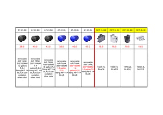AT-01-BK AT-02-BK AT-03-BK AT-01-BL AT-02-BL AT-03-BL OCT-1L-BK OCT-1L-SI OCT-2L-BK OCT-2L-SI
38.0 40.0 43.0 38.0 40.0 43.0 16.0 16.0 19.5 19.5
removable
AIR TANK
300*150MM
1.2 gallon(
5.3L)
fitting NPT 1/4
BLACK can
oxidation
other color
removable
AIR TANK
350*150MM
1.4
gallon(6.2L)
fitting NPT 1/4
BLACK can
oxidation
other color
removable
AIR TANK
400*150MM
1.6 gallon(7L)
fitting NPT 1/4
BLACK can
oxidation
other color
removable
AIR TANK
300*150MM
1.2 gallon(
5.3L)
fitting NPT 1/4
BLUE
removable
AIR TANK
350*150MM
1.4
gallon(6.2L)
fitting NPT 1/4
BLUE
removable
AIR TANK
400*150MM
1.6 gallon(7L)
fitting NPT 1/4
BLUE
TANK 1L
BLACK
TANK 1L
SILVER
TANK 2L
BLACK
TANK 2L
SILVER
 