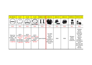 BL-AN3-02 CL-01 CL-02 CL-03 GMBK-01-BK 250A-21X 300A-21X 450A-21X WWRCK-01 WWRCK-250A
10.5 16.0 16.0 16.5 14.5 7.5 9.5 14.5 8.0 15.5
Brake line
with AN3
FITTING 90
DEGREE
STRAIGHT
1.3 METER
WITH
FITTING(m10
2pcs m12
1pcs)
90 DEGREE
180 DEGREE
1.2 METER
WITH
FITTING(m10
2pcs m12
1pcs) straight
and 90
DEGREE 1.2
METER
WITH
FITTING(m10
2pcs ) straight
and 90
DEGREE 1.5
METER
game bracket
12V 250A
Winch
Solenoid
Relay
Contactor for
AUT UTV
5000-7000lbs
Winch
300A 450A
Wireless
Winch
Remote
Control Kit
Wireless
Winch
Remote
Control Kit,
12V 250A
Winch
Solenoid
Relay
Contactor +
12V Wireless
Winch
Receiver with
2pcs Wireless
Winch
Remote
 