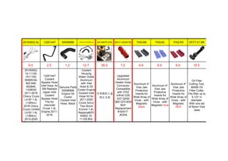 25193922-AL 13251447 55596898 13251447-25193922-AL GS-4567R-GSC 92417-JK20A-RD THQ-BK THQ-BL THQ-RD OFCT-01-BK
9.0 2.5 1.2 12.7 36.0 1.0 6.6 6.6 6.6 16.5
25193922,
15-11105,
1511105,
55565334,
902-846,
902846,
1338030
2011-2016
Chevy Cruze
L4 83 1.4L
(1364cc)
2016 Chevy
Cruze Limited
L4 83 1.4L
(1364cc)
2012-2020
Chevy Sonic
13251447
Coolant
Bypass Hose
Inlet Hose, for
GM Radiator
Upper Inlet
Coolant
Bypass Hose
Fits for
chevrolet
Cruze 1.4L
Engine 2011-
2016
Genuine Parts
55596898
Engine Oil
Cooler
Coolant Inlet
Hose, Black
Coolant
Housing
Water Outlet
Aluminum
with Inlet
Hose & Oil
Cooler Engine
Coolant Inlet
Hose Kit for
2011-2020
Cruze Sonic
Trax Buick
Encore 1.4L
Repalce#251
93922,15-
11105,902-
846,55565334
可更换的上盖
带长支架
Upgraded
Aluminum
Heater Hose
Connector
Compatible
with 370Z
Infiniti G35
G37 QX50
Q60 Q70 M35
M37
Replacement
#:92417-
JK20A
Aluminum 4"
Vise Jaw
Protective
Inserts for
Wide Array of
Vices - with
Magnetic
black
Aluminum 4"
Vise Jaw
Protective
Inserts for
Wide Array of
Vices - with
Magnetic blue
Aluminum 4"
Vise Jaw
Protective
Inserts for
Wide Array of
Vices - with
Magnetic
RED
Oil Filter
Cutting Tool,
66490 Oil
Filter Cutter,
Fits filter up to
5-1/2" in
diameter.
With one set
of Nylon Vise
Jaws
 