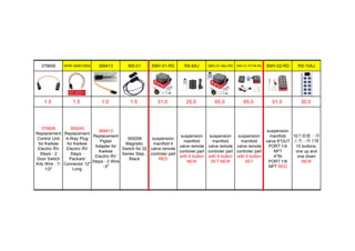 379606 WIRE-909510000 369413 MS-01 SMV-01-RD RS-6AJ SMV-01-6AJ-RD SMV-01-KIT08-RD SMV-02-RD RS-10AJ
1.5 1.5 1.0 1.5 31.0 25.0 65.0 65.0 51.0 30.0
379606
Replacement
Control Unit
for Kwikee
Electric RV
Steps - 2
Door Switch
Kits Wire - 7-
1/2"
369243
Replacement
4-Way Plug
for Kwikee
Electric RV
Steps -
Packard
Connector 12"
Long
369413
Replacement
Pigtail
Adapter for
Kwikee
Electric RV
Steps - 2 Wire
- 6"
369299
Magnetic
Switch for 32
Series Step ,
Black
suspension
manifold 4
valve remote
controler part
RED
suspension
manifold
valve remote
controler part
with 6 button
NEW
suspension
manifold
valve remote
controler part
with 6 button
SET NEW
suspension
manifold
valve remote
controler part
with 6 button
SET
suspension
manifold
valve 8*OUT
PORT:1/4
NPT
4*IN
PORT:1/8
NPT RED
10个按键 一件
上升一件下降
10 buttons,
one up and
one down
NEW
 