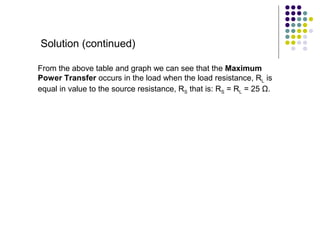 Solution (continued)

From the above table and graph we can see that the Maximum
Power Transfer occurs in the load when the load resistance, RL is
equal in value to the source resistance, RS that is: RS = RL = 25 Ω.
 