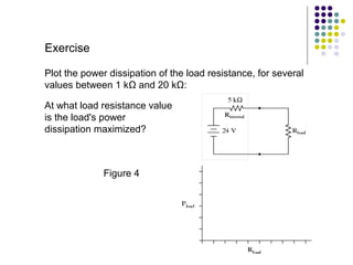 Exercise

Plot the power dissipation of the load resistance, for several
values between 1 kΩ and 20 kΩ:

At what load resistance value
is the load's power
dissipation maximized?



              Figure 4
 