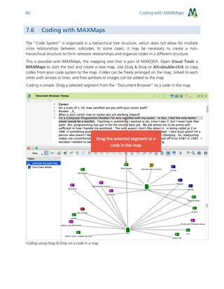 Coding with MAXMaps86
7.6 Coding with MAXMaps
The “Code System” is organized in a hierarchical tree structure, which does not allow for multiple
cross relationships between subcodes. In some cases, it may be necessary to create a non-
hierarchical structure to form network relationships and organize codes in a different structure.
This is possible with MAXMaps, the mapping tool that is part of MAXQDA. Open Visual Tools >
MAXMaps to start the tool and create a new map. Use Drag & Drop or Alt+double-click to copy
codes from your code system to the map. Codes can be freely arranged on the map, linked to each
other with arrows or lines, and free symbols or images can be added to the map.
Coding is simple: Drag a selected segment from the “Document Browser” to a code in the map.
Coding using Drag & Drop on a code in a map
 