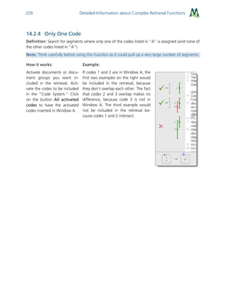 Detailed Information about Complex Retrieval Functions208
14.2.4 Only One Code
Definition: Search for segments where only one of the codes listed in "A" is assigned (and none of
the other codes listed in "A").
Note: Think carefully before using this function as it could pull up a very large number of segments.
How it works:
Activate documents or docu-
ment groups you want in-
cluded in the retrieval. Acti-
vate the codes to be included
in the “Code System.” Click
on the button All activated
codes to have the activated
codes inserted in Window A.
Example:
If codes 1 and 2 are in Window A, the
first two examples on the right would
be included in the retrieval, because
they don’t overlap each other. The fact
that codes 2 and 3 overlap makes no
difference, because code 3 is not in
Window A. The third example would
not be included in the retrieval be-
cause codes 1 and 2 intersect.
 