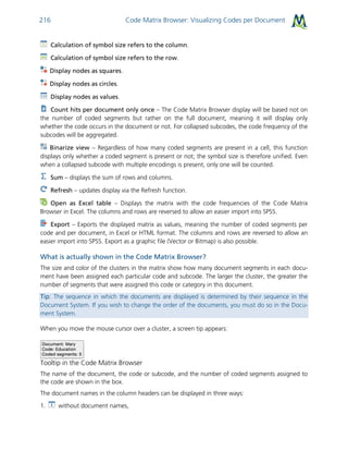 Code Matrix Browser: Visualizing Codes per Document216
Calculation of symbol size refers to the column.
Calculation of symbol size refers to the row.
Display nodes as squares.
Display nodes as circles.
Display nodes as values.
Count hits per document only once – The Code Matrix Browser display will be based not on
the number of coded segments but rather on the full document, meaning it will display only
whether the code occurs in the document or not. For collapsed subcodes, the code frequency of the
subcodes will be aggregated.
Binarize view – Regardless of how many coded segments are present in a cell, this function
displays only whether a coded segment is present or not; the symbol size is therefore unified. Even
when a collapsed subcode with multiple encodings is present, only one will be counted.
Sum – displays the sum of rows and columns.
Refresh – updates display via the Refresh function.
Open as Excel table – Displays the matrix with the code frequencies of the Code Matrix
Browser in Excel. The columns and rows are reversed to allow an easier import into SPSS.
Export – Exports the displayed matrix as values, meaning the number of coded segments per
code and per document, in Excel or HTML format. The columns and rows are reversed to allow an
easier import into SPSS. Export as a graphic file (Vector or Bitmap) is also possible.
What is actually shown in the Code Matrix Browser?
The size and color of the clusters in the matrix show how many document segments in each docu-
ment have been assigned each particular code and subcode. The larger the cluster, the greater the
number of segments that were assigned this code or category in this document.
Tip: The sequence in which the documents are displayed is determined by their sequence in the
Document System. If you wish to change the order of the documents, you must do so in the Docu-
ment System.
When you move the mouse cursor over a cluster, a screen tip appears:
Tooltip in the Code Matrix Browser
The name of the document, the code or subcode, and the number of coded segments assigned to
the code are shown in the box.
The document names in the column headers can be displayed in three ways:
1. without document names,
 