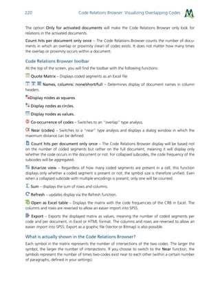 Code Relations Browser: Visualizing Overlapping Codes220
The option Only for activated documents will make the Code Relations Browser only look for
relations in the activated documents.
Count hits per document only once – The Code Relations Browser counts the number of docu-
ments in which an overlap or proximity (near) of codes exists. It does not matter how many times
the overlap or proximity occurs within a document.
Code Relations Browser toolbar
At the top of the screen, you will find the toolbar with the following functions:
Quote Matrix – Displays coded segments as an Excel file
Names, columns: none/short/full – Determines display of document names in column
headers.
Display nodes as squares.
Display nodes as circles.
Display nodes as values.
Co-occurrence of codes – Switches to an “overlap” type analysis.
Near (codes) – Switches to a “near” type analysis and displays a dialog window in which the
maximum distance can be defined.
Count hits per document only once – The Code Relations Browser display will be based not
on the number of coded segments but rather on the full document, meaning it will display only
whether the code occurs in the document or not. For collapsed subcodes, the code frequency of the
subcodes will be aggregated.
Binarize view – Regardless of how many coded segments are present in a cell, this function
displays only whether a coded segment is present or not; the symbol size is therefore unified. Even
when a collapsed subcode with multiple encodings is present, only one will be counted.
Sum – displays the sum of rows and columns.
Refresh – updates display via the Refresh function.
Open as Excel table – Displays the matrix with the code frequencies of the CRB in Excel. The
columns and rows are reversed to allow an easier import into SPSS.
Export – Exports the displayed matrix as values, meaning the number of coded segments per
code and per document, in Excel or HTML format. The columns and rows are reversed to allow an
easier import into SPSS. Export as a graphic file (Vector or Bitmap) is also possible.
What is actually shown in the Code Relations Browser?
Each symbol in the matrix represents the number of intersections of the two codes. The larger the
symbol, the larger the number of intersections. If you choose to switch to the Near function, the
symbols represent the number of times two codes exist near to each other (within a certain number
of paragraphs, defined in your settings).
 