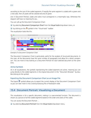 Document Portrait: Visualizing a Document222
according to the size of the coded segments. If exactly the same segment is coded with a green and
a red code, then 25 pixels will be colored red and 25 green.
Like in Document Portrait, codes and colors must correspond in a meaningful way. Otherwise the
diagram will have no meaning for you.
You can call up the Document Comparison Chart:
 by selecting Document Comparison Chart from the Visual tools drop-down menu, or
 by clicking on the symbol in the “Visual tools” toolbar.
The visualization looks like this:
Example of a Document Comparison Chart
The Document Comparison Chart is particularly useful for the analysis of structured documents. In
this case, all the documents have the same number of paragraphs and allow for a direct compari-
son. You are more or less looking at a Document Portrait for each selected document at the same
time.
Active Symbols
As in all visualizations, the symbols representing the coded segments are active, meaning you can
jump directly to the coded segments in the original document in the “Document Browser” by dou-
ble-clicking on the symbol.
Exporting the Document Comparison Chart as an Image File
The Export symbol allows you to export the current display of the Document Comparison Chart
so you can later insert it into a word processing file or Powerpoint slide.
15.4 Document Portrait: Visualizing a Document
This visualization is for a specific document, making it a case-oriented function. The document is
shown as a picture of all the coded segments based on the order and colors of the codes.
You can access the Document Portrait …
 by selecting Document Portrait from the Visual tools drop-down menu,
 
