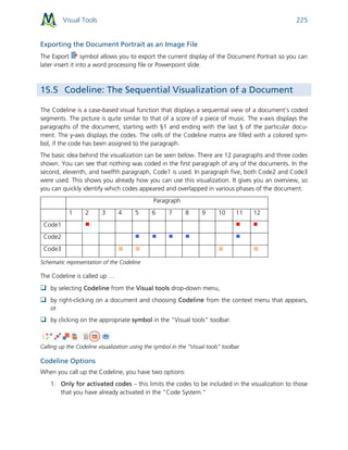 Visual Tools 225
Exporting the Document Portrait as an Image File
The Export symbol allows you to export the current display of the Document Portrait so you can
later insert it into a word processing file or Powerpoint slide.
15.5 Codeline: The Sequential Visualization of a Document
The Codeline is a case-based visual function that displays a sequential view of a document’s coded
segments. The picture is quite similar to that of a score of a piece of music. The x-axis displays the
paragraphs of the document, starting with §1 and ending with the last § of the particular docu-
ment. The y-axis displays the codes. The cells of the Codeline matrix are filled with a colored sym-
bol, if the code has been assigned to the paragraph.
The basic idea behind the visualization can be seen below. There are 12 paragraphs and three codes
shown. You can see that nothing was coded in the first paragraph of any of the documents. In the
second, eleventh, and twelfth paragraph, Code1 is used. In paragraph five, both Code2 and Code3
were used. This shows you already how you can use this visualization. It gives you an overview, so
you can quickly identify which codes appeared and overlapped in various phases of the document.
Paragraph
1 2 3 4 5 6 7 8 9 10 11 12
Code1   
Code2     
Code3    
Schematic representation of the Codeline
The Codeline is called up …
 by selecting Codeline from the Visual tools drop-down menu,
 by right-clicking on a document and choosing Codeline from the context menu that appears,
or
 by clicking on the appropriate symbol in the “Visual tools” toolbar.
Calling up the Codeline visualization using the symbol in the “Visual tools” toolbar
Codeline Options
When you call up the Codeline, you have two options:
1. Only for activated codes – this limits the codes to be included in the visualization to those
that you have already activated in the “Code System.”
 