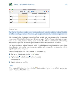 Statistics and Graphics Functions 269
Frequency Table
Tip: Click on the column headers of the first two columns in order to modify the order of the table
rows. For example, you can sort the frequency of categories in ascending or descending order.
The first column lists the various categories of the variable; the second column lists the absolute
frequency; and the third lists the corresponding percentages. The fourth column shows percentages
based on valid values, meaning missing values are excluded. If there are no missing values among
the variables in question, the percentages of the third and fourth columns will be identical.
You can customize the order of the rows within the table by clicking on the column header of the
first and second columns. For example, you can sort the table in ascending or descending order in
regards to categorical frequency.
The results window has a toolbar at the top. From here you can:
 Call up the chart view by clicking the button
 Flip forwards or backwards between variables
 Print results, or
 Export results as an Excel file
Charts
When you switch to the chart view with the button, a bar chart of the variables in question ap-
pears in the place of the table view.
 