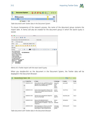 Importing Twitter Data312
Table document with Twitter data in the Document System
To ensure transparency of the research process, the name of the document group contains the
import date. A memo will also be created for the document group in which the search query is
stored.
Memo of a Twitter import with the exact search query
When you double-click on the document in the Document System, the Twitter data will be
displayed in the Document Browser:
Table document with Twitter data in the Document Browser
 