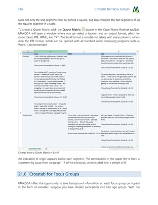 Crosstab for Focus Groups326
tains not only the text segments that lie behind a square, but also compiles the text segments of all
the squares together in a table.
To create a Quote Matrix, click the Quote Matrix button in the Code Matrix Browser toolbar.
MAXQDA will open a window where you can select a location and an output format, which in-
clude: Excel, RTF, HTML, and TXT. The Excel format is suitable for tables with many columns; other-
wise the RTF format, which can be opened with all standard word processing programs such as
Word, is recommended.
Excerpt from a Quote Matrix in Excel
An indication of origin appears below each segment: The contribution in the upper left is from a
statement by Lucas from paragraph 11 of the transcript, and encoded with a weight of 0.
21.6 Crosstab for Focus Groups
MAXQDA offers the opportunity to save background information on each focus group participant
in the form of variables. Suppose you have divided participants into two age groups: With the
 