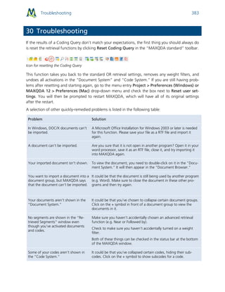 Troubleshooting 383
30 Troubleshooting
If the results of a Coding Query don’t match your expectations, the first thing you should always do
is reset the retrieval functions by clicking Reset Coding Query in the “MAXQDA standard” toolbar.
Icon for resetting the Coding Query
This function takes you back to the standard OR retrieval settings, removes any weight filters, and
undoes all activations in the “Document System” and “Code System.” If you are still having prob-
lems after resetting and starting again, go to the menu entry Project > Preferences (Windows) or
MAXQDA 12 > Preferences (Mac) drop-down menu and check the box next to Reset user set-
tings. You will then be prompted to restart MAXQDA, which will have all of its original settings
after the restart.
A selection of other quickly-remedied problems is listed in the following table:
Problem Solution
In Windows, DOC/X documents can't
be imported.
A Microsoft Office Installation for Windows 2003 or later is needed
for this function. Please save your file as a RTF file and import it
again.
A document can’t be imported. Are you sure that it is not open in another program? Open it in your
word processor, save it as an RTF file, close it, and try importing it
into MAXQDA again.
Your imported document isn't shown. To view the document, you need to double-click on it in the “Docu-
ment System.” It will then appear in the “Document Browser.”
You want to import a document into a
document group, but MAXQDA says
that the document can’t be imported.
It could be that the document is still being used by another program
(e.g. Word). Make sure to close the document in these other pro-
grams and then try again.
Your documents aren’t shown in the
“Document System.”
It could be that you’ve chosen to collapse certain document groups.
Click on the + symbol in front of a document group to view the
documents in it.
No segments are shown in the “Re-
trieved Segments” window even
though you’ve activated documents
and codes.
Make sure you haven’t accidentally chosen an advanced retrieval
function (e.g. Near or Followed by).
Check to make sure you haven’t accidentally turned on a weight
filter.
Both of these things can be checked in the status bar at the bottom
of the MAXQDA window.
Some of your codes aren’t shown in
the “Code System.”
It could be that you’ve collapsed certain codes, hiding their sub-
codes. Click on the + symbol to show subcodes for a code.
 