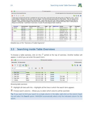 Searching inside Table Overviews24
Detailed view of the “Overview of Coded Segments”
3.3 Searching inside Table Overviews
To browse a table overview, click on the symbol at the top of overview. Another toolbar will
appear, in which you can enter the search term.
Browsing table overviews
Highlight all rows with hits – Highlights all the lines in which the search term appears.
Choose search columns – Allows you to select which columns will be searched.
Tip: If you want to limit your search to a single column in the table, right-click on the column head-
ing and select the Search option. MAXQDA automatically selects only the indicated column for the
search.
 