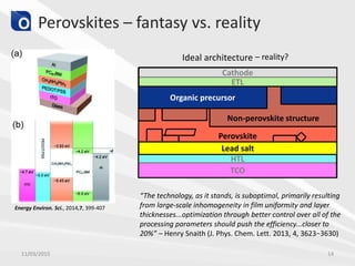 Perovskite
ETL
TCO
HTL
Perovskites – fantasy vs. reality
Cathode
11/03/2015 14
Ideal architecture
Energy Environ. Sci., 2014,7, 399-407
– reality?
Non-perovskite structure
Organic precursor
Lead salt
“The technology, as it stands, is suboptimal, primarily resulting
from large-scale inhomogeneity in film uniformity and layer
thicknesses...optimization through better control over all of the
processing parameters should push the efficiency...closer to
20%” – Henry Snaith (J. Phys. Chem. Lett. 2013, 4, 3623−3630)
 