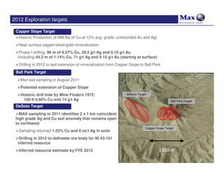 2012 Exploration targets

 Copper Stope Target
  Historic Production (8 MM lbs of Cu at 12% avg. grade, unrecorded Au and Ag)
  Near surface copper/silver/gold mineralization
   Phase I drilling: 96 m of 0.57% Cu, 39.2 g/t Ag and 0.10 g/t Au
  (including 44.2 m of 1.14% Cu, 71 g/t Ag and 0.15 g/t Au (starting at surface)
  Drilling in 2012 to test extension of mineralization from Copper Stope to Ball Park
 Ball Park Target
   Max soil sampling in August 2011
   Potential extension of Copper Stope
   Historic drill hole by Mine Finders 1972:                     DeSoto Target
     100 ft 0.60% Cu and 14 g/t Ag                                                            Ball Park Target
 DeSoto Target
   MAX sampling in 2011 identifies 2 x 1 km coincident
 high grade Ag and Cu soil anomaly that remains open
 to northwest
                                                                             Copper Stope Target
  Sampling returned 1.53% Cu and 6 oz/t Ag in soils
   Drilling in 2012 to delineate ore body for NI 43-101
  inferred resource
  Inferred resource estimate by FYE 2012                                     1500 m1500 m
                                                                                                                 11
 