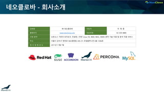 네오클로바 - 회사소개
업체명 ㈜ 네오클로바 대표자 이 재 중
홈페이지 www.neoclova.co.kr 대표전화 02-539-4880
사업 분야 오픈소스 기반의 유지보수, 컨설팅 / 전반 Linux OS, WEB, WAS, DBMS 분야 기술 지원 및 분석 지원 서비스
주소 서울시 강서구 양천로 583(염창동 240-21) 우림블루나인 B동 1206호
회 사 설 립 년 도 2011년 11월 7일
 