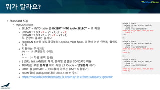 뭐가 달라요?
▪ Standard SQL
• MySQL/MariaDB
✔ SELECT ~ INTO table 은 INSERT INTO table SELECT ~ 로 지원
✔ UPDATE t1 SET c1 = c1 +1, c2 = c1;
UPDATE t1 SET c2 = c1, c1 = c1 +1;
두 문장의 결과는 달라요
✔ FOREIGN KEY로 부모테이블의 UNIQUE/NOT NULL 조건이 아닌 인덱싱 컬럼도
지원
✔ 지원하는 주석처리
/*! ~~ */ (구문분석 수행)
#~
-- ~ (-- 다음 공백 있음)
✔ || (OR), && (AND)로 해석, 문자열 연결은 CONCAT() 이용
✔ TRIM()은 부분 문자열 제거 지원 (cf. Oracle – 단일문자 제거)
✔ LIMIT 절 (UPDATE ~ JOIN절의 경우는 LIMIT 사용불가)
✔ FROM절의 SUBQUERY내의 ORDER BY는 무시
✔ https://mariadb.com/kb/en/why-is-order-by-in-a-from-subquery-ignored/
select * from (
select id, nm, srv_yn, reti_dt
from t1
where rrno='23475296848'
order by srv_yn desc, reti_dt desc
limit 3
) A;
VS
select * from (
select id, nm, srv_yn, reti_dt
from t1
where rrno='23475296848'
order by srv_yn desc, reti_dt desc
) A
limit 3;
VS
select * from (
select id, nm, srv_yn, reti_dt
from t1
where rrno='23475296848'
) A
order by srv_yn desc, reti_dt desc
limit 3;
 