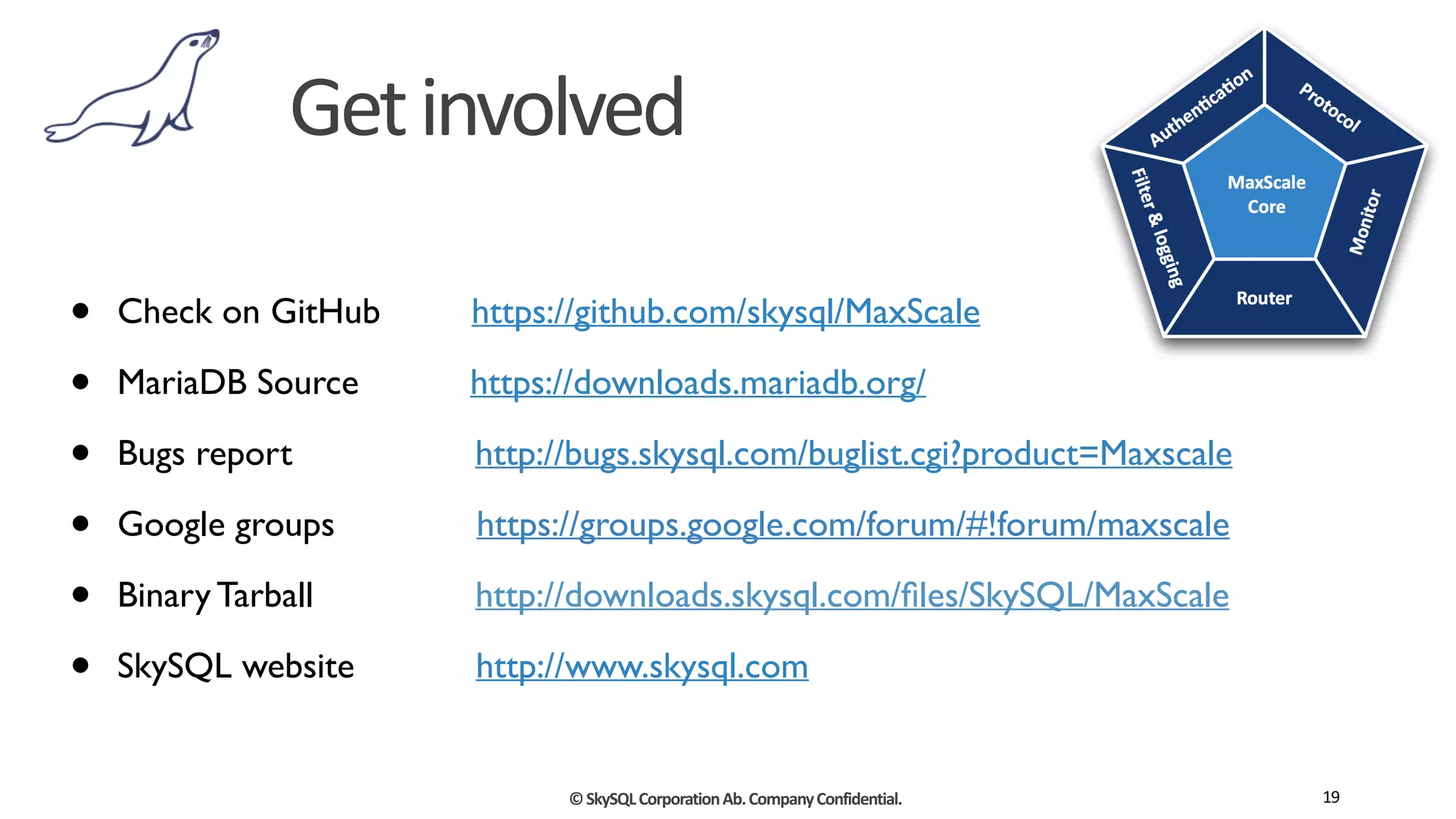 ©	
  SkySQL	
  Corporation	
  Ab.	
  Company	
  Confidential.
Get	
  involved
19
• Check on GitHub https://github.com/skysql/MaxScale	

• MariaDB Source https://downloads.mariadb.org/	

• Bugs report	

	

 	

 	

 http://bugs.skysql.com/buglist.cgi?product=Maxscale 	

• Google groups https://groups.google.com/forum/#!forum/maxscale	

• Binary Tarball http://downloads.skysql.com/ﬁles/SkySQL/MaxScale	

• SkySQL website http://www.skysql.com
 
