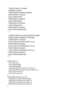 1
2
3
4
5
6
7
8
9
10
11
12
13
14
CREATE TABLE t1 (d date)
ENGINE=InnoDB
PARTITION BY RANGE (YEAR(d))
(PARTITION P1 VALUES
LESS THAN (1999),
PARTITION P2 VALUES
LESS THAN (2005),
PARTITION P3 VALUES
LESS THAN (2010),
PARTITION P4 VALUES
LESS THAN (MAXVALUE)
)
1
2
3
4
5
6
7
8
9
10
11
12
13
14
CREATE TABLE t2 (d date) ENGINE=InnoDB
PARTITION BY RANGE (TO_DAYS(d))
(PARTITION P1 VALUES
LESS THAN (TO_DAYS('1999-01-01')),
PARTITION P2 VALUES
LESS THAN (TO_DAYS('2005-01-01')),
PARTITION P3 VALUES
LESS THAN (TO_DAYS('2010-01-01')),
PARTITION P4 VALUES
LESS THAN (MAXVALUE)
)
CREATE TABLE t1 (
id INT NOT NULL,
fname VARCHAR(30),
lname VARCHAR(30),
hired DATE NOT NULL DEFAULT '1970-01-01',
separated DATE NOT NULL DEFAULT '9999-12-31',
job_code INT NOT NULL,
store_id INT NOT NULL
)
PARTITION BY RANGE (store_id) (
PARTITION p0 VALUES LESS THAN (6),
PARTITION p1 VALUES LESS THAN (11),
PARTITION p2 VALUES LESS THAN (16),
PARTITION p3 VALUES LESS THAN (21)
);
 