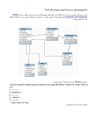 ‫دارد؟‬ ‫تاثیر‬ ‫دستورات‬ ‫اجرای‬ ‫سرعت‬ ‫در‬ ‫چقدر‬ ‫‌بندی‬
‫ن‬‫پارتیش‬
‫پروژه‬ ‫از‬ ‫منظور‬ ‫این‬ ‫برای‬ .‫داریم‬ ‫اطالعات‬ ‫توجهی‬ ‫قابل‬ ‫مقدار‬ ‫با‬ ‫داده‬ ‫پایگاه‬ ‫یک‬ ‫به‬ ‫نیاز‬ ‫‌بندی‬
‫ن‬‫پارتیش‬ ‫تاثیر‬ ‫بررسی‬ ‫برای‬
MySQL
Employees Test Database
‫حدودا‬ ‫شامل‬ ‫که‬
۴
‫در‬ ‫رکورد‬ ‫میلیون‬
۶
‫پایگاه‬ ‫این‬ ‫ساختار‬ ‫زیر‬ ‫در‬ .‫‌ایم‬
‫ه‬‫کرد‬ ‫استفاده‬ ‫است‬ ‫جدول‬
:‫‌کنید‬
‫ی‬‫م‬ ‫مشاهده‬ ‫را‬ ‫داده‬
( ‫جستار‬ ‫به‬
Query
:‫فرمایید‬ ‫توجه‬ ‫آن‬ ‫اجرای‬ ‫زمان‬ ‫و‬ ‫زیر‬ )
1
2
3
4
5
6
7
SELECT COUNT(*) FROM salaries WHERE from_date BETWEEN '1999-01-01' AND '1999-12-
31';
+----------+
| COUNT(*) |
+----------+
| 260957 |
+----------+
1 row in set (1.07 sec)
:‫‌بندی‬
‫ن‬‫پارتیش‬ ‫از‬ ‫بعد‬ ‫دستور‬ ‫همان‬ ‫و‬
 