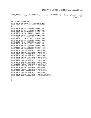 ‫جدول‬ ‫‌بندی‬
‫ن‬‫پارتیش‬ ‫نحوه‬
salaries
‫داده‬ ‫پایگاه‬ ‫در‬
employees
( ‫‌ها‬
‫ق‬‫حقو‬ ‫جدول‬ ‫‌بندی‬
‫ن‬‫پارتیش‬ ‫دستور‬ ‫زیر‬ ‫در‬
salaries
( ‫‌ای‬
‫ه‬‫محدود‬ ‫صورت‬ ‫به‬ )
RANGE
‫سال‬ ‫تاریخ‬ ‫اساس‬ ‫بر‬ )
from_date
:‫‌فرمایید‬
‫ی‬‫م‬ ‫مشاهده‬
ALTER TABLE salaries
PARTITION BY RANGE (YEAR(from_date))
(
PARTITION p1 VALUES LESS THAN (1985),
PARTITION p2 VALUES LESS THAN (1986),
PARTITION p3 VALUES LESS THAN (1987),
PARTITION p4 VALUES LESS THAN (1988),
PARTITION p5 VALUES LESS THAN (1989),
PARTITION p6 VALUES LESS THAN (1990),
PARTITION p7 VALUES LESS THAN (1991),
PARTITION p8 VALUES LESS THAN (1992),
PARTITION p9 VALUES LESS THAN (1993),
PARTITION p10 VALUES LESS THAN (1994),
PARTITION p11 VALUES LESS THAN (1995),
PARTITION p12 VALUES LESS THAN (1996),
PARTITION p13 VALUES LESS THAN (1997),
PARTITION p14 VALUES LESS THAN (1998),
PARTITION p15 VALUES LESS THAN (1999),
PARTITION p16 VALUES LESS THAN (2000),
PARTITION p17 VALUES LESS THAN (2001),
PARTITION p18 VALUES LESS THAN (2002),
PARTITION p19 VALUES LESS THAN (2003),
PARTITION p20 VALUES LESS THAN (MAXVALUE)
)
;
 