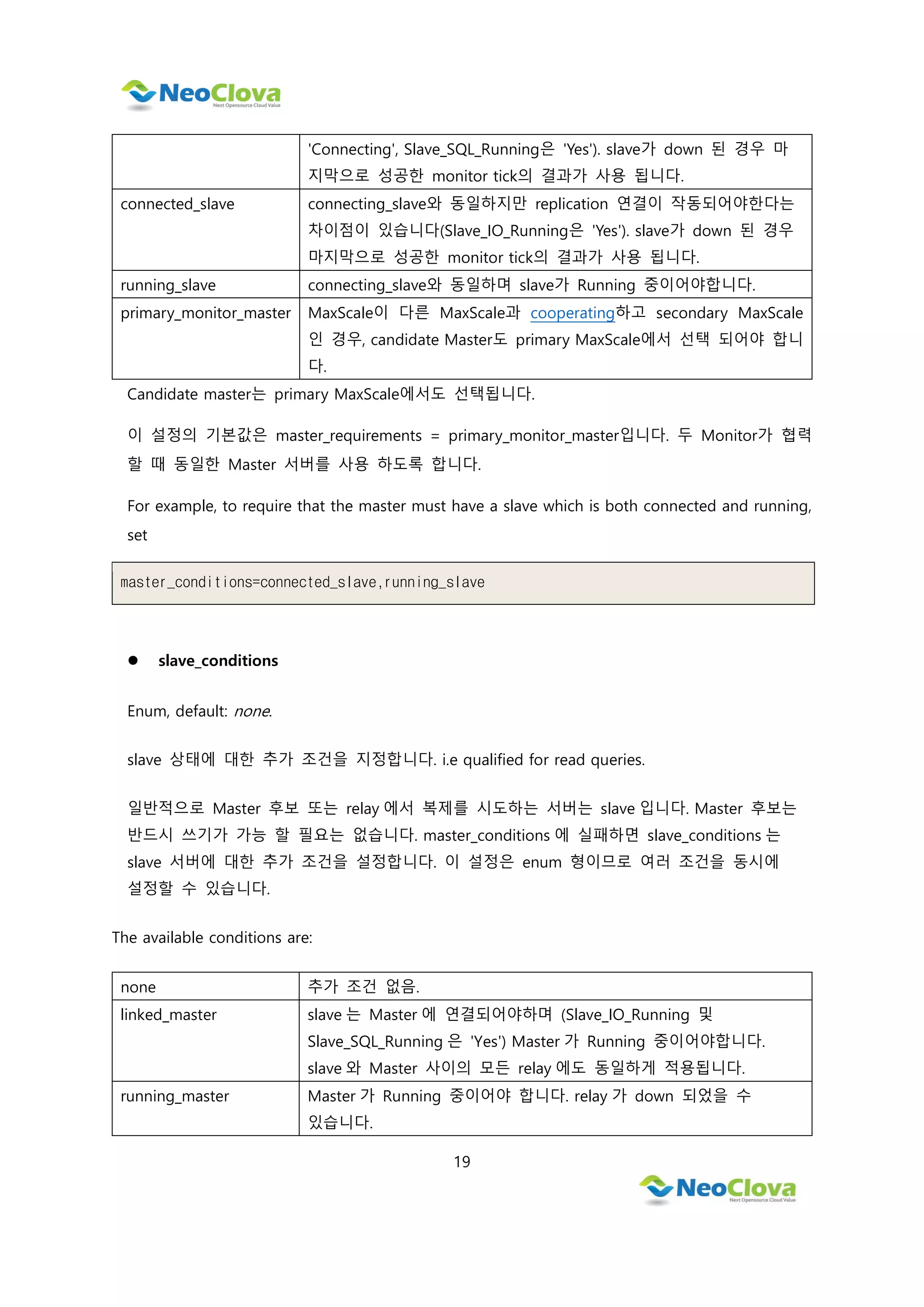 19
'Connecting', Slave_SQL_Running은 'Yes'). slave가 down 된 경우 마
지막으로 성공한 monitor tick의 결과가 사용 됩니다.
connected_slave connecting_slave와 동일하지만 replication 연결이 작동되어야한다는
차이점이 있습니다(Slave_IO_Running은 'Yes'). slave가 down 된 경우
마지막으로 성공한 monitor tick의 결과가 사용 됩니다.
running_slave connecting_slave와 동일하며 slave가 Running 중이어야합니다.
primary_monitor_master MaxScale이 다른 MaxScale과 cooperating하고 secondary MaxScale
인 경우, candidate Master도 primary MaxScale에서 선택 되어야 합니
다.
Candidate master는 primary MaxScale에서도 선택됩니다.
이 설정의 기본값은 master_requirements = primary_monitor_master입니다. 두 Monitor가 협력
할 때 동일한 Master 서버를 사용 하도록 합니다.
For example, to require that the master must have a slave which is both connected and running,
set
master_conditions=connected_slave,running_slave
 slave_conditions
Enum, default: none.
slave 상태에 대한 추가 조건을 지정합니다. i.e qualified for read queries.
일반적으로 Master 후보 또는 relay 에서 복제를 시도하는 서버는 slave 입니다. Master 후보는
반드시 쓰기가 가능 할 필요는 없습니다. master_conditions 에 실패하면 slave_conditions 는
slave 서버에 대한 추가 조건을 설정합니다. 이 설정은 enum 형이므로 여러 조건을 동시에
설정할 수 있습니다.
The available conditions are:
none 추가 조건 없음.
linked_master slave 는 Master 에 연결되어야하며 (Slave_IO_Running 및
Slave_SQL_Running 은 'Yes') Master 가 Running 중이어야합니다.
slave 와 Master 사이의 모든 relay 에도 동일하게 적용됩니다.
running_master Master 가 Running 중이어야 합니다. relay 가 down 되었을 수
있습니다.
 