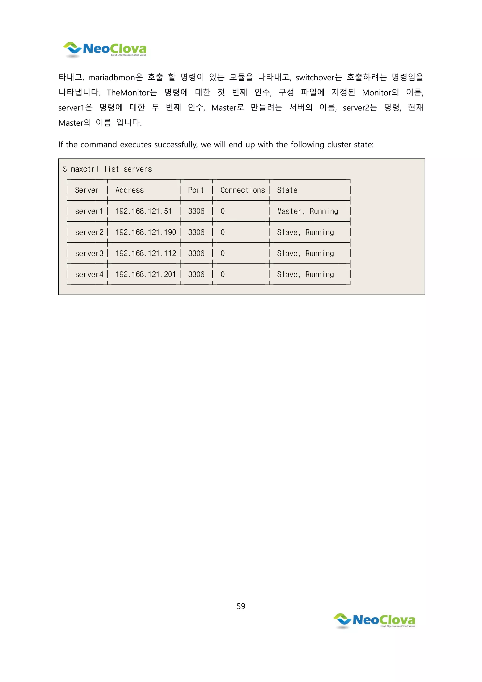 59
타내고, mariadbmon은 호출 할 명령이 있는 모듈을 나타내고, switchover는 호출하려는 명령임을
나타냅니다. TheMonitor는 명령에 대한 첫 번째 인수, 구성 파일에 지정된 Monitor의 이름,
server1은 명령에 대한 두 번째 인수, Master로 만들려는 서버의 이름, server2는 명령, 현재
Master의 이름 입니다.
If the command executes successfully, we will end up with the following cluster state:
$ maxctrl list servers
┌────┬────────┬───┬──────┬─────────┐
│ Server │ Address │ Port │ Connections│ State │
├────┼────────┼───┼──────┼─────────┤
│ server1│ 192.168.121.51 │ 3306 │ 0 │ Master, Running │
├────┼────────┼───┼──────┼─────────┤
│ server2│ 192.168.121.190│ 3306 │ 0 │ Slave, Running │
├────┼────────┼───┼──────┼─────────┤
│ server3│ 192.168.121.112│ 3306 │ 0 │ Slave, Running │
├────┼────────┼───┼──────┼─────────┤
│ server4│ 192.168.121.201│ 3306 │ 0 │ Slave, Running │
└────┴────────┴───┴──────┴─────────┘
 