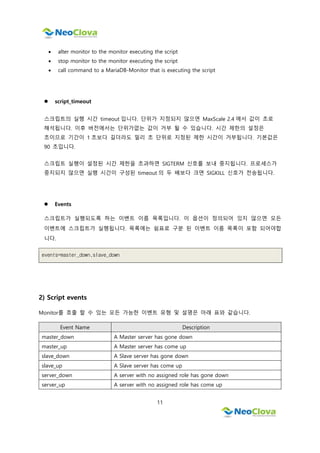 11
 alter monitor to the monitor executing the script
 stop monitor to the monitor executing the script
 call command to a MariaDB-Monitor that is executing the script
 script_timeout
스크립트의 실행 시간 timeout 입니다. 단위가 지정되지 않으면 MaxScale 2.4 에서 값이 초로
해석됩니다. 이후 버전에서는 단위가없는 값이 거부 될 수 있습니다. 시간 제한의 설정은
초이므로 기간이 1 초보다 길더라도 밀리 초 단위로 지정된 제한 시간이 거부됩니다. 기본값은
90 초입니다.
스크립트 실행이 설정된 시간 제한을 초과하면 SIGTERM 신호를 보내 중지됩니다. 프로세스가
중지되지 않으면 실행 시간이 구성된 timeout 의 두 배보다 크면 SIGKILL 신호가 전송됩니다.
 Events
스크립트가 실행되도록 하는 이벤트 이름 목록입니다. 이 옵션이 정의되어 있지 않으면 모든
이벤트에 스크립트가 실행됩니다. 목록에는 쉼표로 구분 된 이벤트 이름 목록이 포함 되어야합
니다.
events=master_down,slave_down
2) Script events
Monitor를 호출 할 수 있는 모든 가능한 이벤트 유형 및 설명은 아래 표와 같습니다.
Event Name Description
master_down A Master server has gone down
master_up A Master server has come up
slave_down A Slave server has gone down
slave_up A Slave server has come up
server_down A server with no assigned role has gone down
server_up A server with no assigned role has come up
 