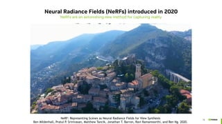 13
Neural Radiance Fields (NeRFs) introduced in 2020
NeRFs are an astonishing new method for capturing reality
NeRF: Representing Scenes as Neural Radiance Fields for View Synthesis
Ben Mildenhall, Pratul P. Srinivasan, Matthew Tancik, Jonathan T. Barron, Ravi Ramamoorthi, and Ren Ng. 2020.
 