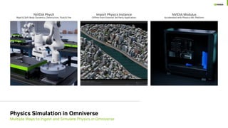 Physics Simulation in Omniverse
Multiple Ways to Ingest and Simulate Physics in Omniverse
NVIDIA PhysX
Rigid & Soft Body Dynamics, Destruction, Fluid & Fire
Import Physics Instance
Offline from External 3rd Party Application
NVIDIA Modulus
Accelerated with Physics-ML Platform
 