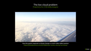 The low cloud problem
Projections for 2100 wildly disagree
How this system responds to climate change is a multi-trillion dollar question
https://fyfluiddynamics.com/2019/06/urban-centers-during-hurricanes/
 