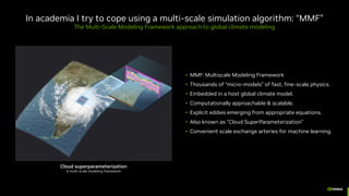 • MMF: Multiscale Modeling Framework
• Thousands of “micro-models” of fast, fine-scale physics.
• Embedded in a host global climate model.
• Computationally approachable & scalable.
• Explicit eddies emerging from appropriate equations.
• Also known as "Cloud SuperParameterization"
• Convenient scale exchange arteries for machine learning.
In academia I try to cope using a multi-scale simulation algorithm: “MMF”
The Multi-Scale Modeling Framework approach to global climate modeling
Cloud superparameterization
A multi-scale modeling framework
 