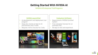 Getting Started With NVIDIA AI
NVIDIA AI Enterprise Trial Programs
Evaluation Software
Requirements: NVIDIA-Certified
System
Free evaluation licenses for on
premises POC
90 days to test and experience
NVIDIA LaunchPad
AI development and deployment trial
program
Deep dive, hands-on labs for AI
practitioners and IT staff
Requires ~8 hrs / Access for 2 wks
 