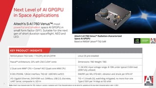 Next Level of AI GPGPU
in Space Applications
Aitech’s S-A1760 Venus™: most
powerful and smallest space AI GPGPU in
small form factor (SFF). Suitable for the next
gen of short duration spaceflight, NEO and
LEO.
7
 