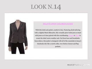 LOOK N.14

              DELAVÉ LINEN TAILORED JACKET


  With this sleek suit jacket, comfort is key. Featuring sleek tailoring
 with a slightly fitted silhouette, this versatile piece looks just as smart
 with jeans as it does paired with the coordinating trouser or short to
   create the ideal warm weather suit. Cut from luxe and breathable
 linen delave, this jacket is designed with all of the essentials to keep it
     timelessly chic like a notch collar, two-button closure and flap
                                  pockets.
 