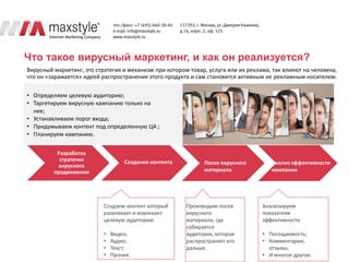 Что такое вирусный маркетинг, и как он реализуется?
Вирусный маркетинг, это стратегия и механизм при котором товар, услуга или их реклама, так влияют на человека,
что он «заражается» идеей распространения этого продукта и сам становится активным ее рекламным носителем.

• Определяем целевую аудиторию;
• Таргетируем вирусную кампанию только на
  нее;
• Устанавливаем порог входа;
• Придумываем контент под определенную ЦА ;
• Планируем кампанию.

          Разработка
           стратегии               Создание контента          Посев вирусного         Анализ эффективности
           вирусного
         продвижения                                          материала               компании




                           Создаем контент который      Производим посев           Анализируем
                           развлекает и вовлекает       вирусного                  показатели
                           целевую аудиторию            материала, где             эффективности
                                                        собирается
                           •   Видео;                   аудитория, которая         • Посещаемость;
                           •   Аудио;                   распространяет его         • Комментарии,
                           •   Текст;                   дальше.                      отзывы;
                           •   Прочее.                                             • И многое другое.
 