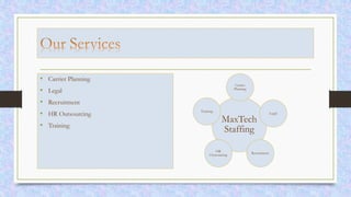 • Carrier Planning
• Legal
• Recruitment
• HR Outsourcing
• Training
MaxTech
Staffing
Carrier
Planning
Legal
Recruitment
HR
Outsourcing
Training
 