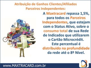 Atribuição de Ganhos Clientes/Afiliados
       Parceiros Independentes:
                  A Maxtracard repassa 1,5%,
                    para todos os Parceiros
                 Independentes, que estejam
                  com o Status Ativo, sobre o
                  consumo total de sua Rede
                  de Indicados que utilizarem
                     o Cartão Microcrédit.
                       Este percentual é
                 distribuido na profundidade
                    da rede até o 8º Nível.
 