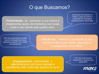 O que Buscamos? Visibilidade,  ao   promover a sua marca e implementar ações de marketing nos locais onde o seu cliente está público alvo. Influência,  medindo a aceitação do seu cliente frente a suas ações, aparições e propagandas, on e offline. Engajamento,  estimulando   o relacionamento com seus clientes e escolhendo falar onde eles querem te ouvir A presença da empresa no Twitter é capaz de dobrar a quantidade de mensagens postadas sobre a marca dele 78% dos consumidores confiam mais em indicações de outras pessoas e somente 14% confiam em propaganda; 10% dos consumidores influenciam o consumo dos outros 90%  