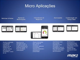 Micro Aplicações Notícias & Notas Alertas & Notificações Indicadores de Negócios Aprovações Colaboração em Tempo Real Mecanismo de mensagem de cut-throught do clutter de e-mail. Permite que as empresas ajustem  os fluxos de trabalho  customizáveis.  Oferece informações para  tomada de decisões em movimento, agilizando os processos, reduzindo obstáculos e aumentando a produtividade. Uma Intranet móvel com recursos corporativos como aprovações  e comentários. Inclui um leitor RSS para publicar conteúdo de terceiros aos funcionários. Permite que os funcionários enviem uma pergunta à rede profissional e encontre especialistas. Também permite pesquisa em tempo real. Permite a publicação e visualização detalhada de qualquer tipo de medidores de negócios. Permite que executivos compartilhem  avisos de voz. z 