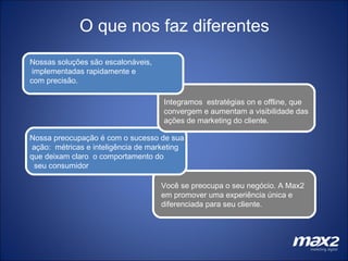 O que nos faz diferentes Nossas soluções são escalonáveis,  implementadas rapidamente e  com precisão. Integramos  estratégias on e offline, que  convergem e aumentam a visibilidade das ações de marketing do cliente.  Você se preocupa o seu negócio. A Max2 em promover uma experiência única e diferenciada para seu cliente.  Nossa preocupação é com o sucesso de sua ação:  métricas e inteligência de marketing  que deixam claro  o comportamento do seu consumidor  