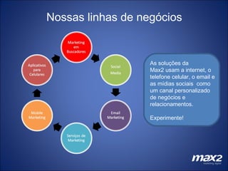 Nossas linhas de negócios As soluções da  Max2 usam a internet, o telefone celular, o email e as mídias sociais  como  um canal personalizado  de negócios e relacionamentos. Experimente! 