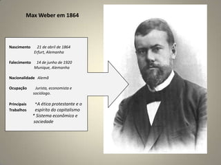 Max Weberem 1864 Nascimento      21 de abril de 1864                       Erfurt, Alemanha Falecimento   14 de junho de 1920                           Munique, Alemanha Nacionalidade Alemã Ocupação Jurista, economista e                          sociólogo. Principais         *A ética protestante e o Trabalhos espírito do capitalismo                      * Sistema econômico e                       sociedade 
