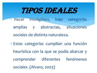 Tipos ideales
Hacer     inteligibles,    bajo   categorías
amplias     y    abstractas,      situaciones
sociales de distinta naturaleza.

Estas categorías cumplían una función
heurística con la que se podía abarcar y
comprender       diferentes       fenómenos
sociales. (Alvaro, 2003)
 