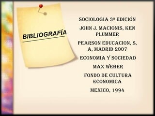 SOCIOLOGIA 3ª edición
JOHN J. MACIONIS, KEN
PLUMMER
PEARSON EDUCACION, S,
A, MADRID 2007

ECONOMIA Y SOCIEDAD
MAX WEBER
FONDO DE CULTURA
ECONOMICA
MEXICO, 1994

 